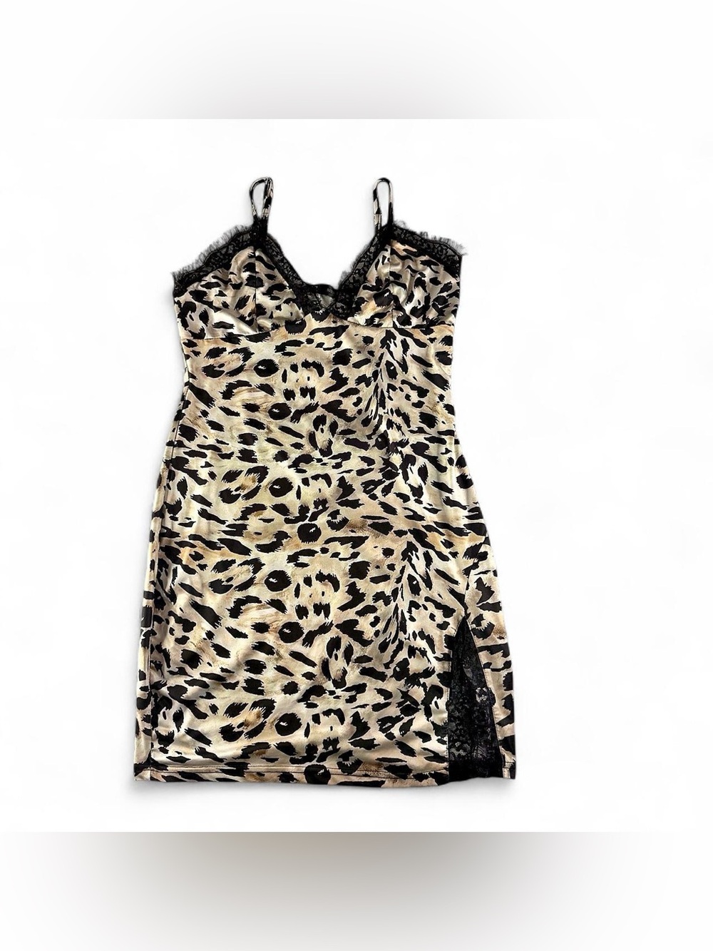 CBR Y2K Leopard Print Satin Slip Dress Lace Trim Size XL